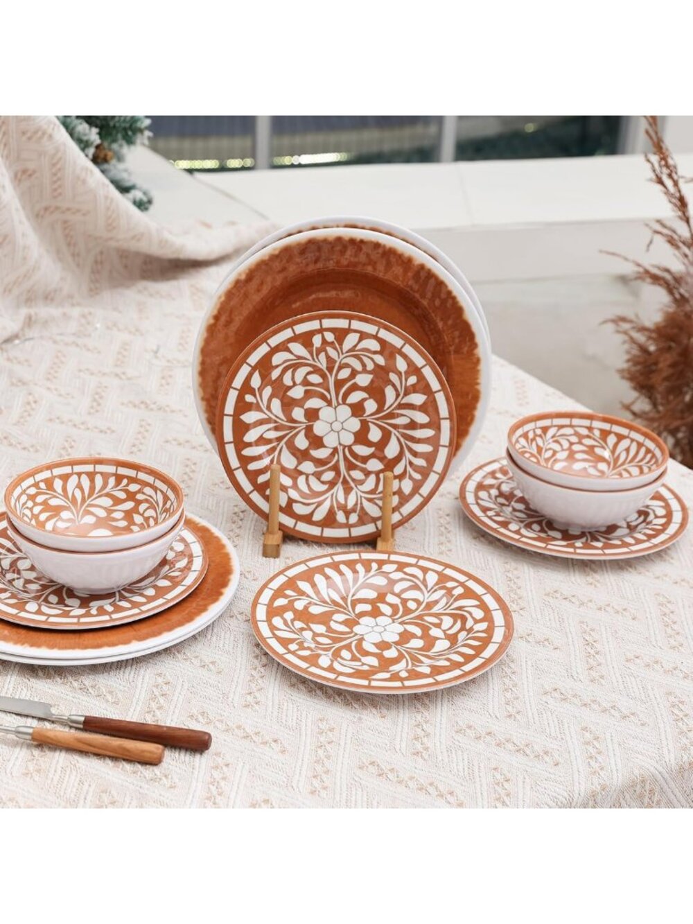 Stylish Melamine Dinnerware Set - Durable Brown & Yellow Plates and Bowls